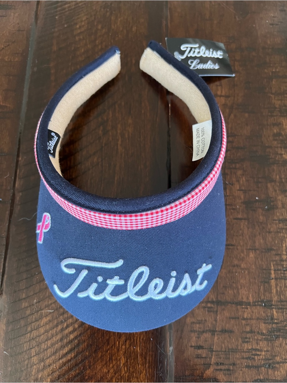 Titleist Ladies Golf Visor Navy Pink Ribbon Breast Cancer Awareness Gingham Trim